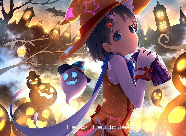 Halloween, witch hat, Sasaki Chie, witch, ghost, Jack O' Lantern, HD wallpaper